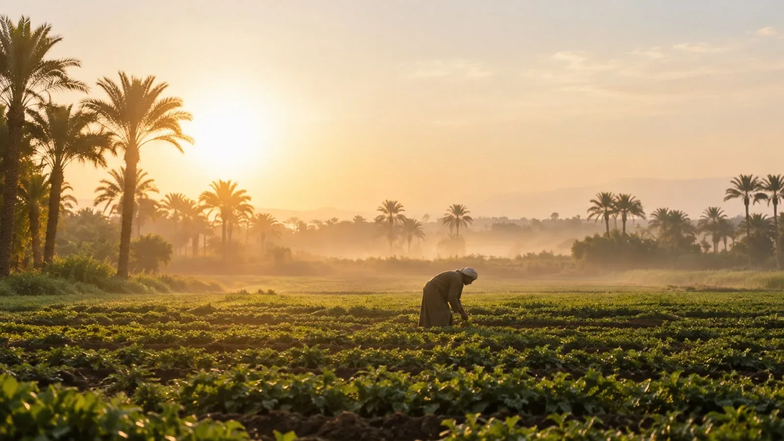 Farmer tending crop rows at sunrise in the Egyptian cultivation belt, with date palms along the field edge