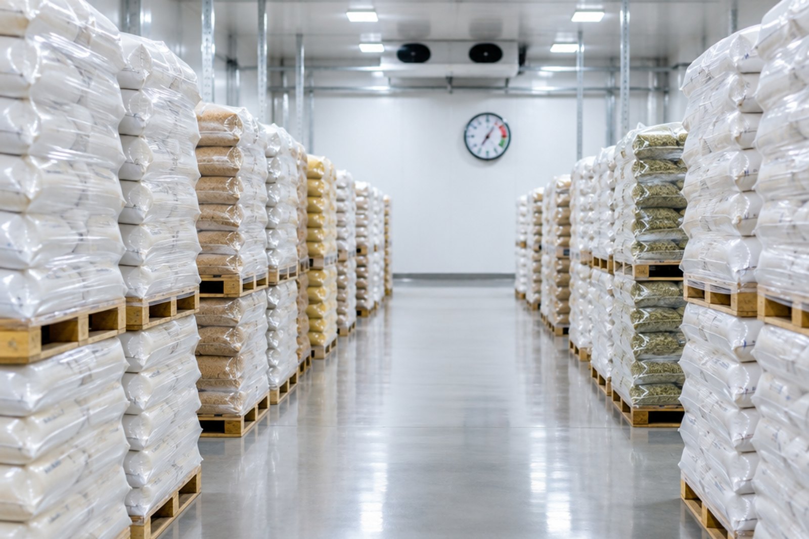 Climate-controlled warehouse with pallet storage